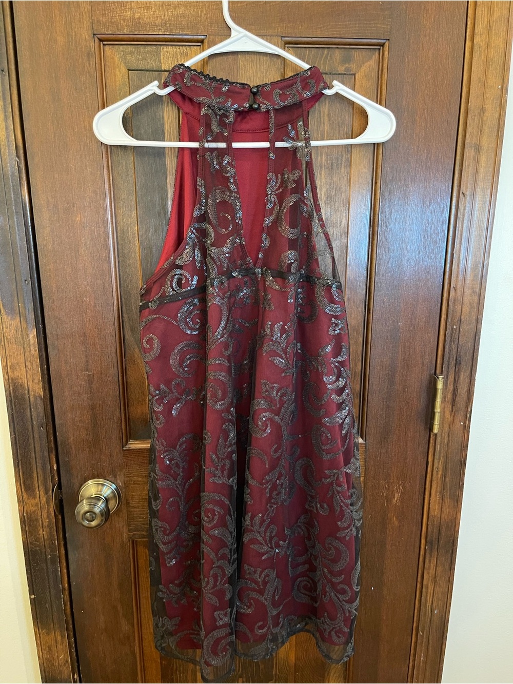 Altar’d State Burgundy Metallic Swirl Mesh Overlay Mini Dress Size L - Picture 4 of 5